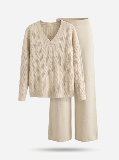 Strick-Set Damen mit Zopfmuster Pullover & weiten Hosen, V-Ausschnitt Strickpullover & weite Hose