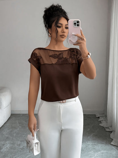Damen Elegante Bluse mit Floraler Stickerei und Illusion-Ausschnitt – Stilvolle Fest- und Büro-Mode