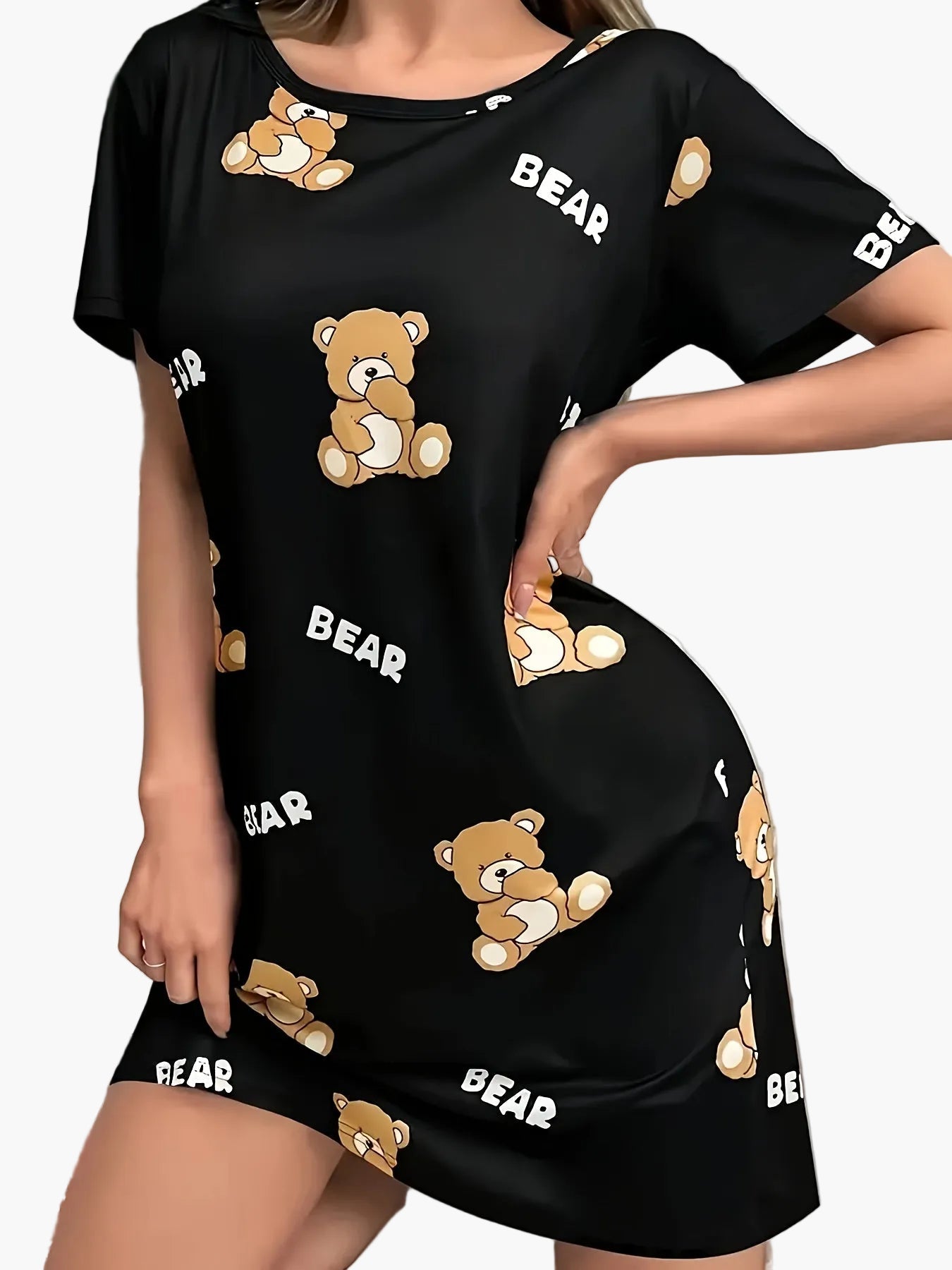 Damen Nachthemd mit Bären-Print – Bequemes Cartoon-Tunika Schlafkleid für Erwachsene
