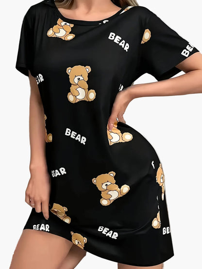 Damen Nachthemd mit Bären-Print – Bequemes Cartoon-Tunika Schlafkleid für Erwachsene