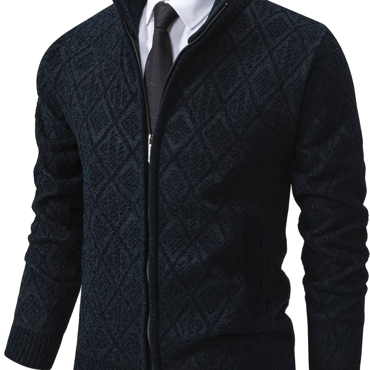 Herren Strickjacke Rautenmuster Stehkragen Reißverschluss Feinstrick Casual