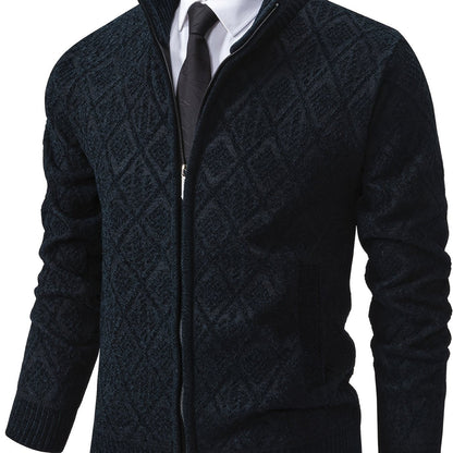 Herren Strickjacke Rautenmuster Stehkragen Reißverschluss Feinstrick Casual
