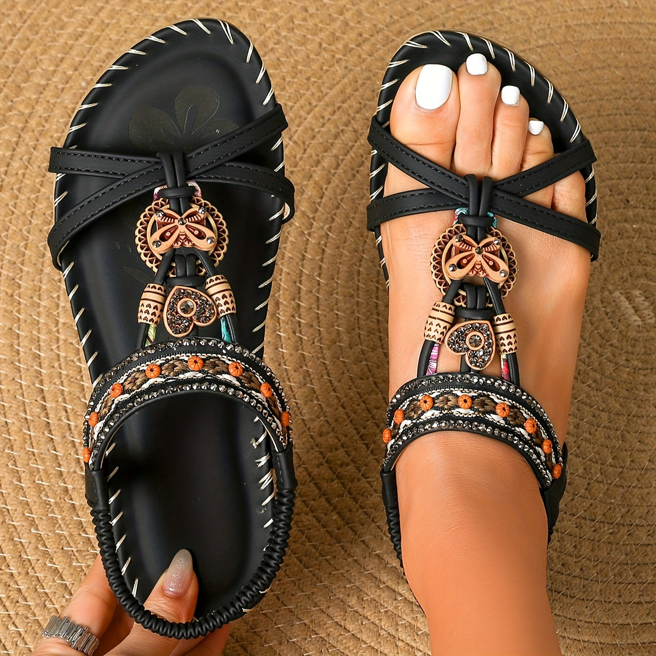 Damen Boho Sandalen mit Schmuckelementen – Bequeme Freizeitschuhe für Sommer & Urlaub