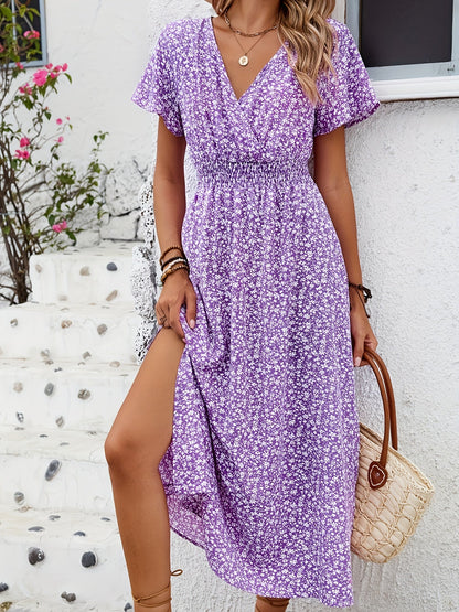 Damen Sommerkleid Elegant mit Blumenmuster und Schlitz – Perfekt für Alltag und Urlaub