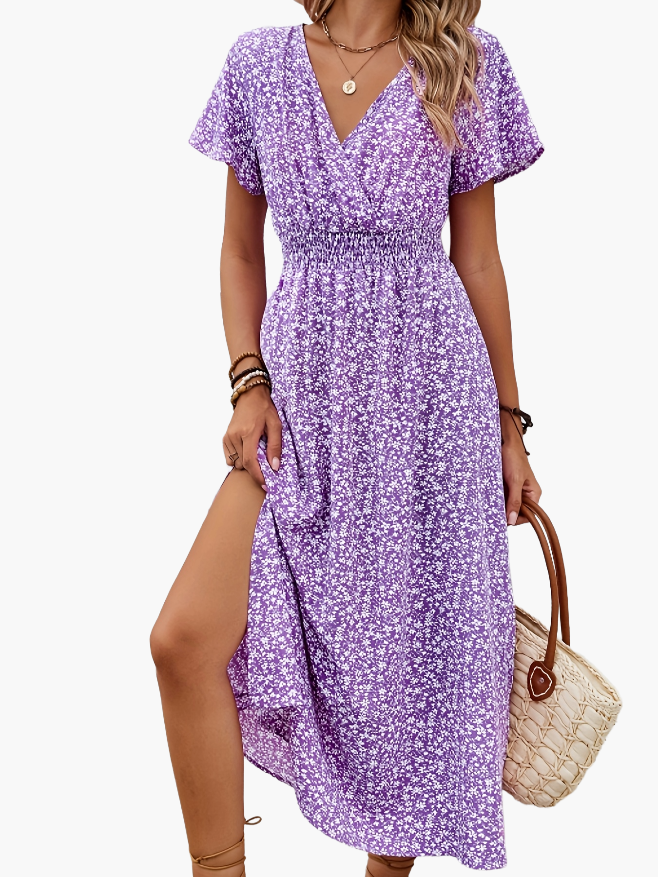 Damen Sommerkleid Elegant mit Blumenmuster und Schlitz – Perfekt für Alltag und Urlaub
