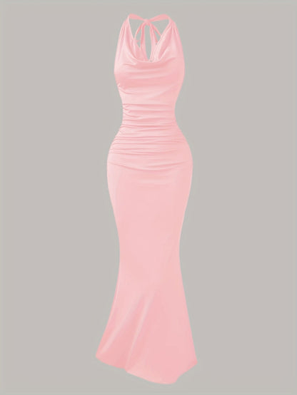 Damen Elegantes Abendkleid mit Wasserfallausschnitt und Rückenbindung – Figurbetontes Maxikleid für besondere Anlässe