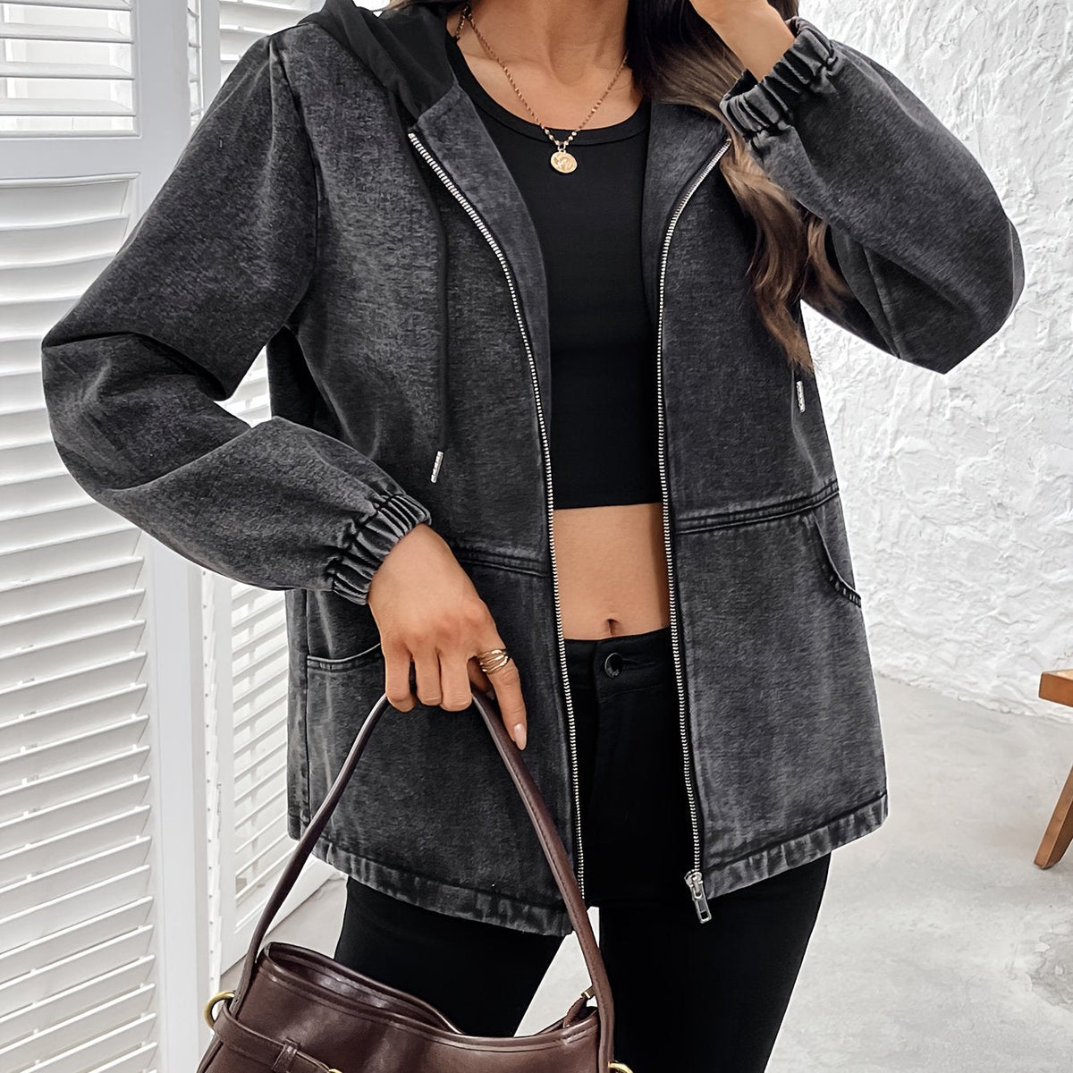 Damen Jacke mit Kapuze & Reißverschluss, verwaschene Optik, Grau