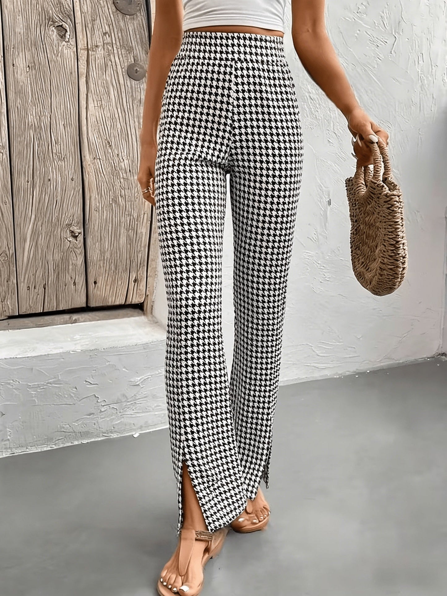 Damen Elegante Hahnentritt Schlaghose mit Schlitz für Freizeit und Ausgehen