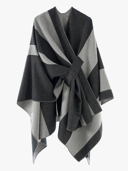 Damen Poncho Cape mit Streifenmuster & Knoten-Detail, weicher Stoff