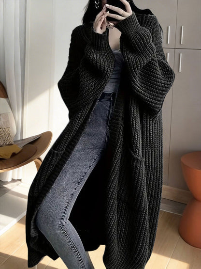 Damen Oversize Strick-Cardigan Lang Offene Front mit Taschen – Lässiger Streetstyle