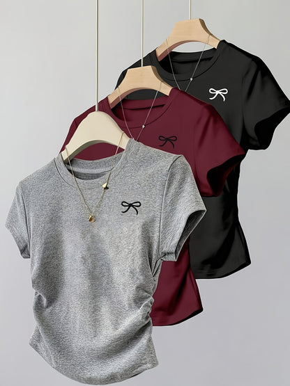 Damen T-Shirt mit Schleifenstickerei und Raffungen – Modisches Kurzarmshirt für Freizeit und Alltag