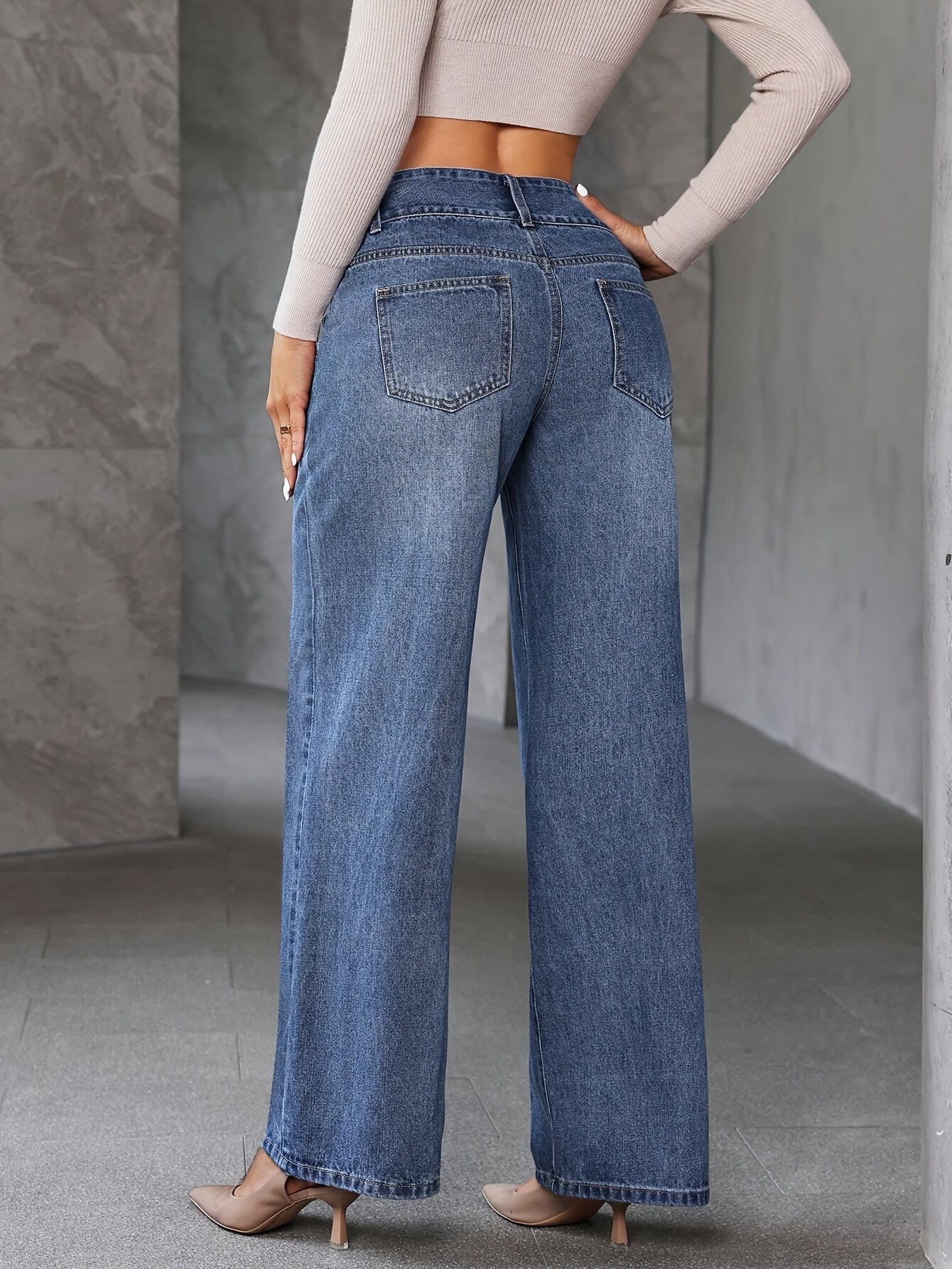 Damen Weitbein Jeans High Waist Elegant Freizeitmode