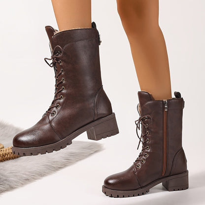 Braune Schnürstiefel Damen mit Warmfutter und Reißverschluss