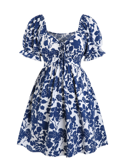 Damen Sommerkleid Elegant Fit & Flare mit Blumenmuster und Puffärmeln – Perfekt für Urlaub und Freizeit