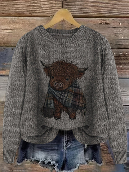 Damen Pullover mit Highland-Kuh Motiv und Rundhalsausschnitt – Verspielter Strickpullover im lässigen Stil