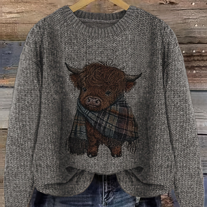 Damen Pullover mit Highland-Kuh Motiv und Rundhalsausschnitt – Verspielter Strickpullover im lässigen Stil