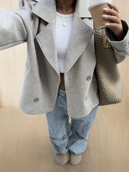 Damen Kurzmantel Jacke Doppelreiher Graubeige Kragen