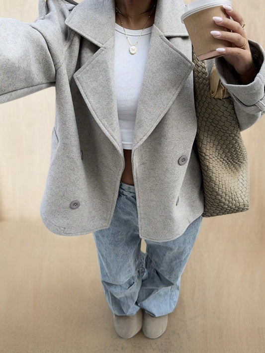 Damen Kurzmantel Jacke Doppelreiher Graubeige Kragen