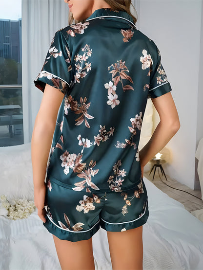 Damen Satin Pyjama Set mit Blumenmuster – Eleganter Schlafanzug für Frühling und Sommer