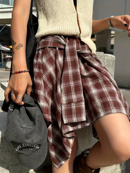 Damen Asymmetrischer Streetstyle-Rock mit Karo-Design und Knotendetail
