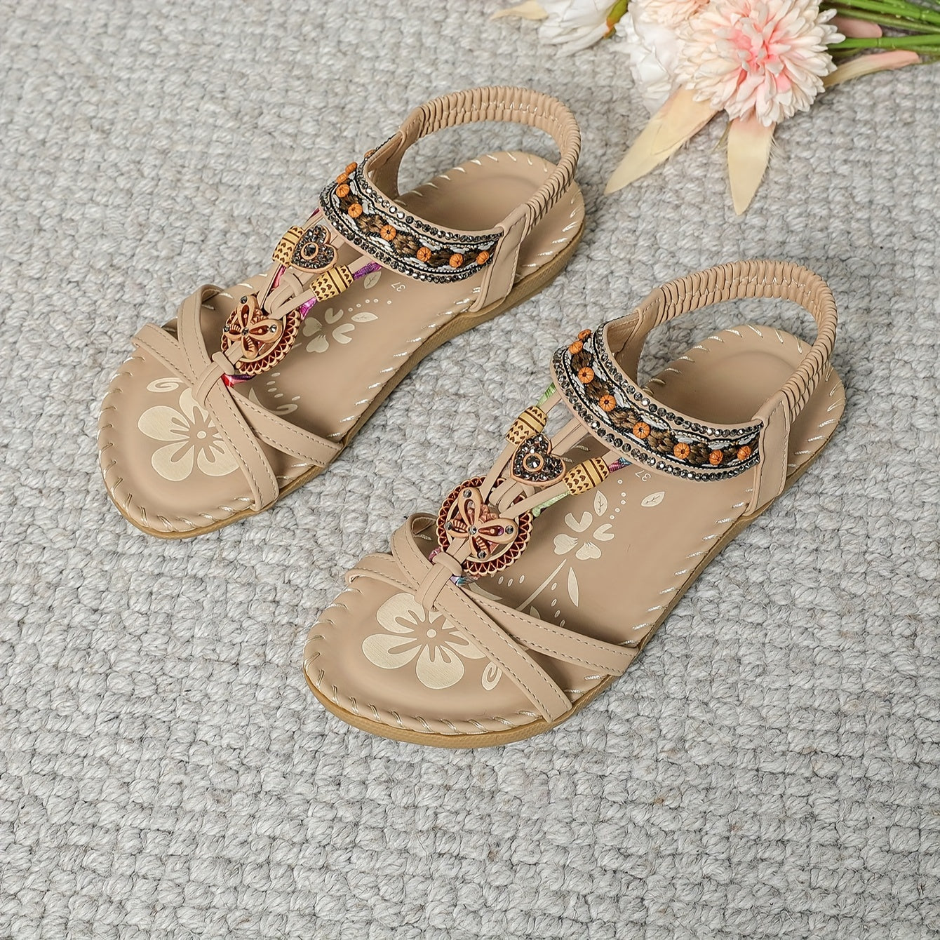 Damen Boho Sandalen mit Schmuckelementen – Bequeme Freizeitschuhe für Sommer & Urlaub