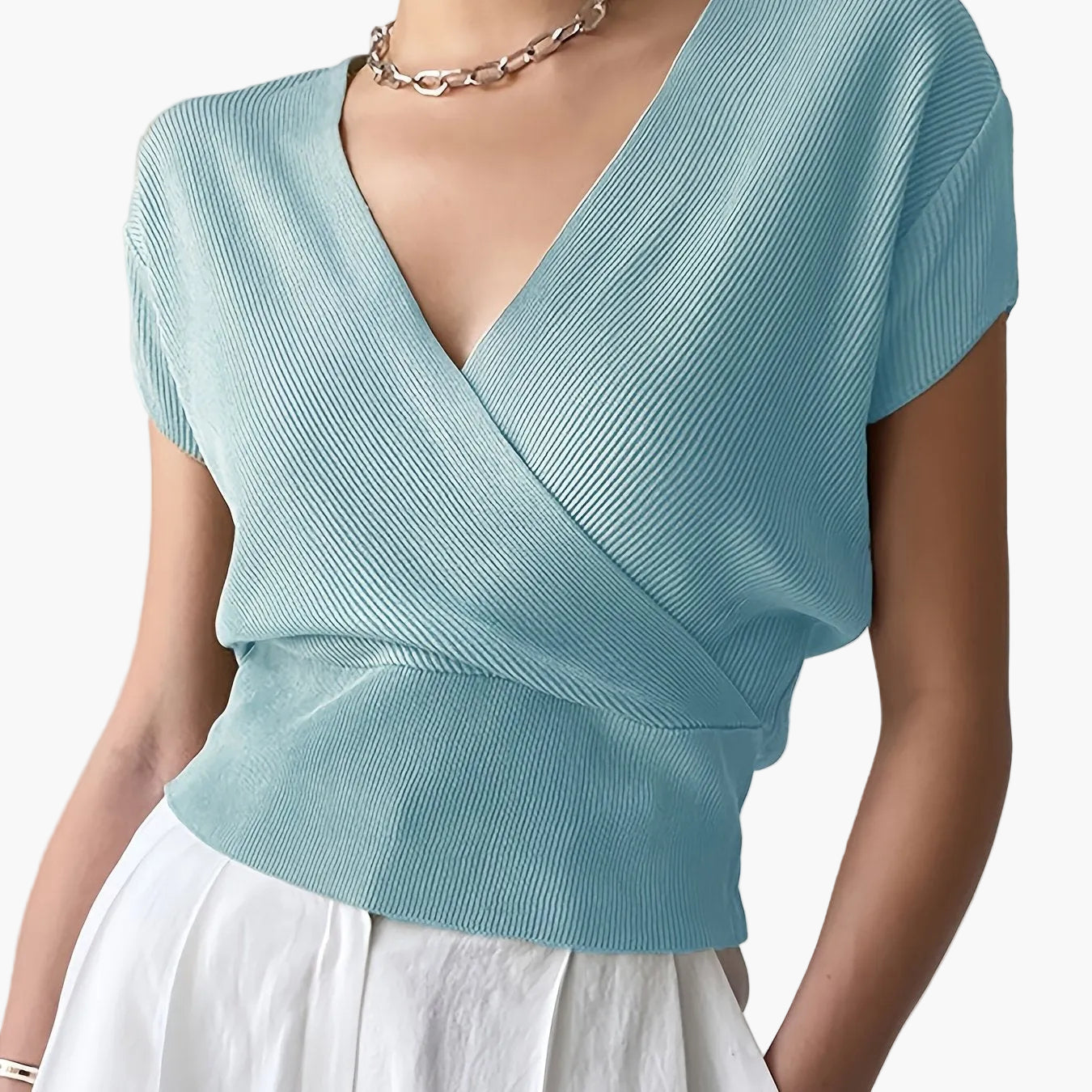 Damen Wickelshirt mit V-Ausschnitt – Eleganter Sommer Pullover Kurzarm für Freizeit & Büro
