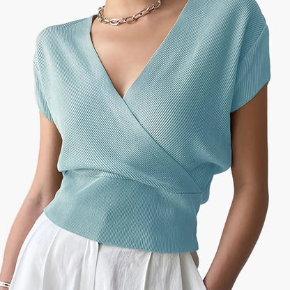 Damen Wickelshirt mit V-Ausschnitt – Eleganter Sommer Pullover Kurzarm für Freizeit & Büro