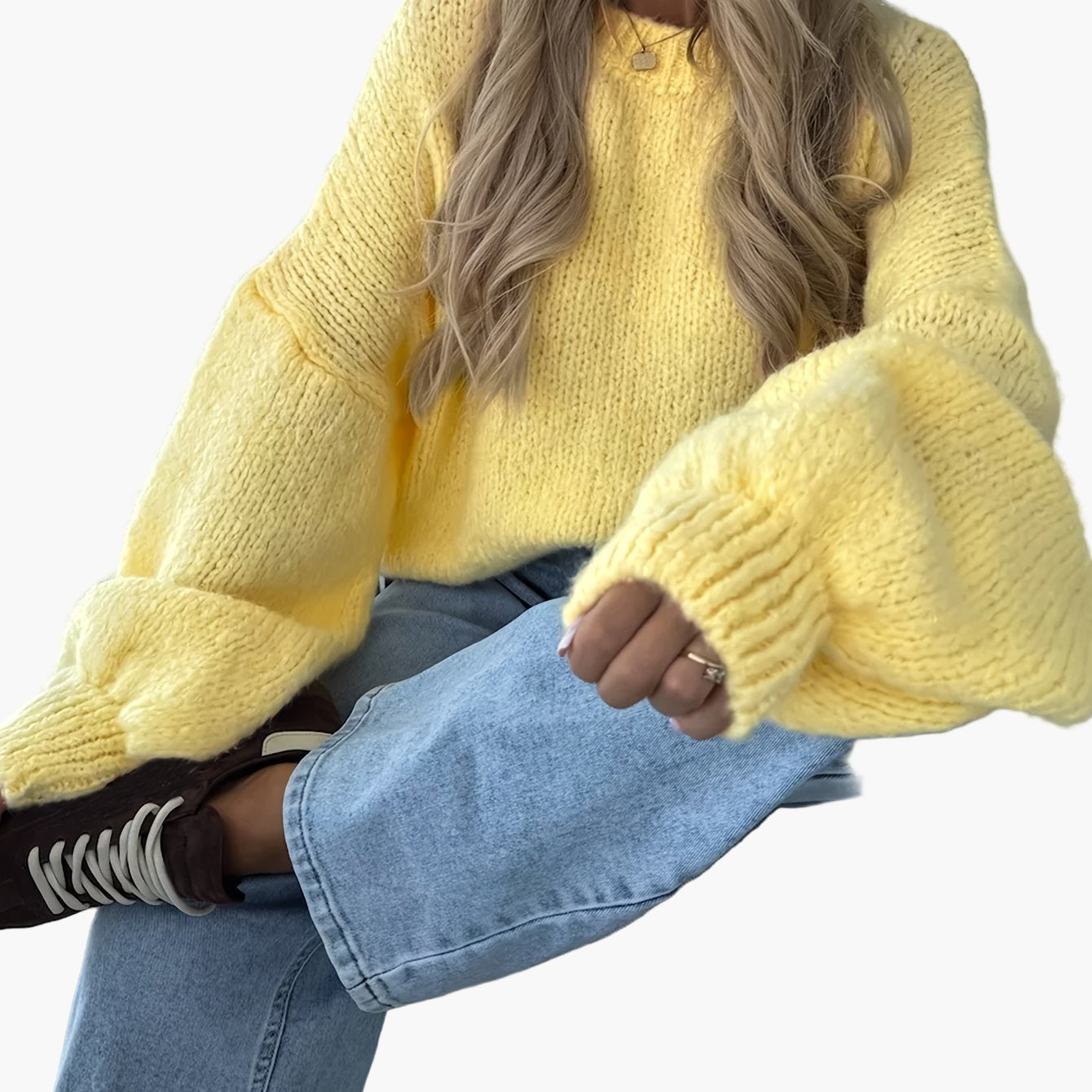 Damen Grobstrick Pullover mit Ballonärmeln für Herbst und Winter – Lässiger Strickpullover