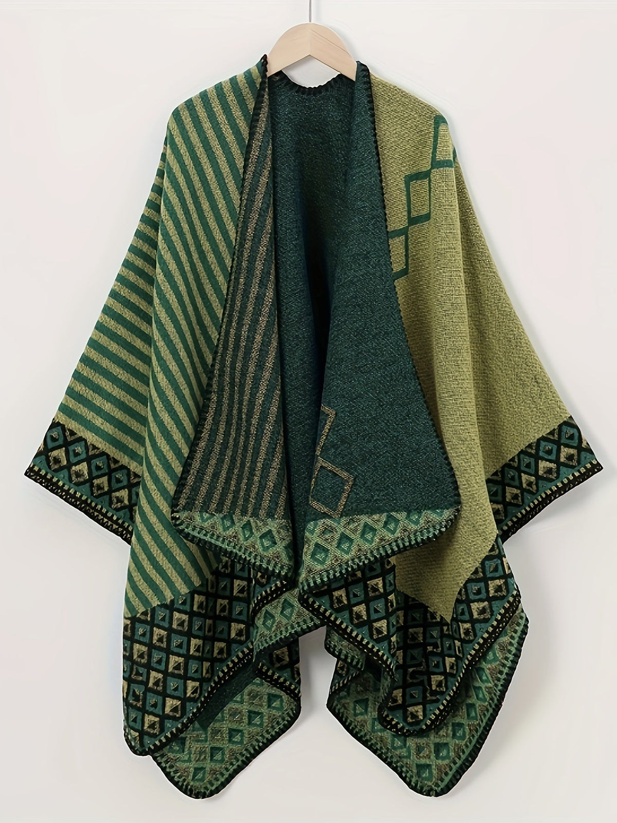 Poncho Damen Reversible Grüntöne Gestreift & Karomuster