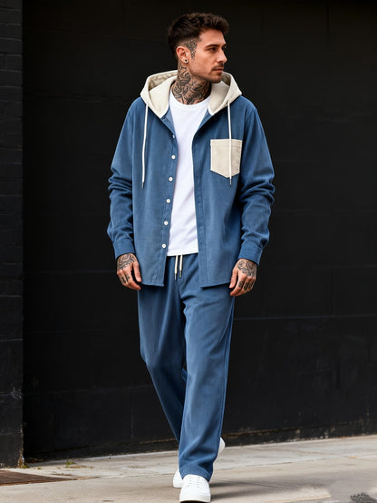Herren Rippstrick Freizeithemd mit Kapuze & Hose Set