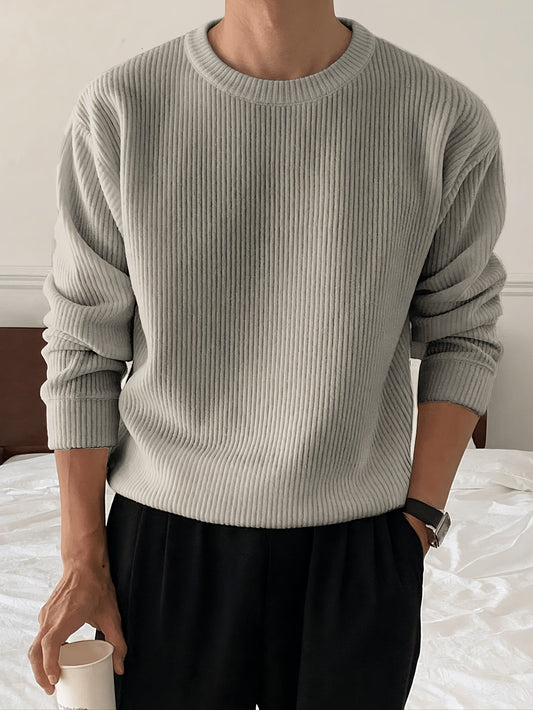 Gerippter Pullover Langarm Rundhalsausschnitt Freizeit Sweater für Herren – Weich & Bequem