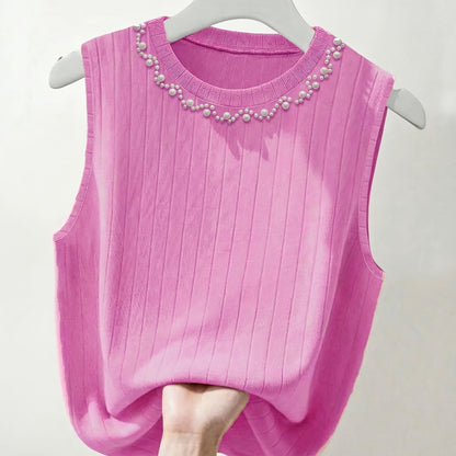 Damen Elegantes Stricktop mit Perlenbesatz – Ärmelloses Oberteil für modische Anlässe