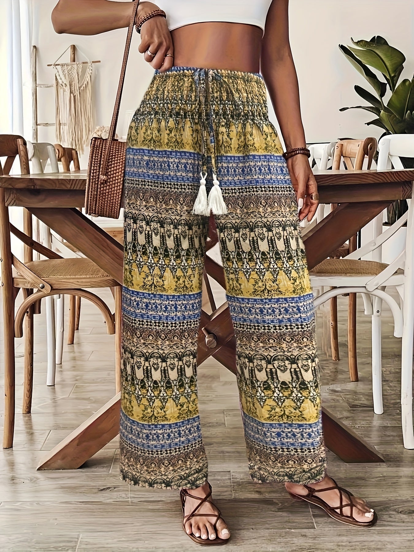 Damen Boho Weite Hosen mit Ethno-Muster für Urlaub und Freizeit
