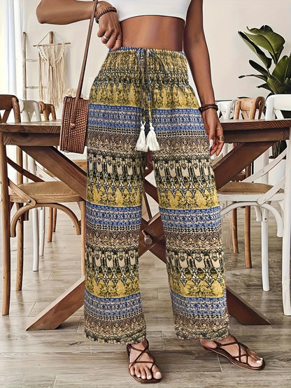 Damen Boho Weite Hosen mit Ethno-Muster für Urlaub und Freizeit