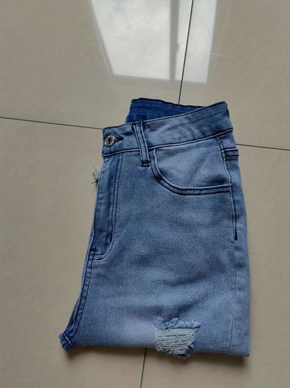 Damen Bermuda Jeans Shorts im Used-Look mit Fransen und Rissen – Lässige Sommermode