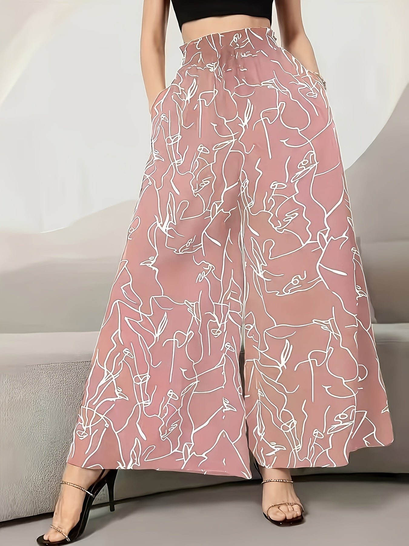 Damen Weite Palazzo-Hose mit Künstlerischem Linienmuster – Modische Statement-Hose für Alltag & Freizeit