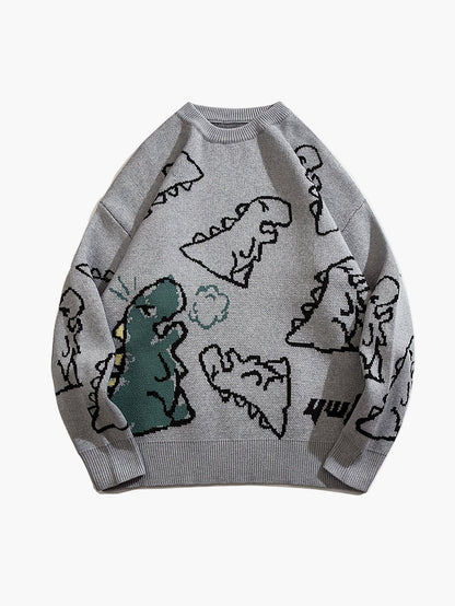 Herren Cartoon Dinosaurier Pullover – Lässiger Strickpullover für Herbst & Winter