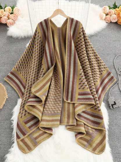 Damen Poncho Cape mit offenem Schnitt und geometrischem Muster – Boho Stil für Freizeit und Alltag