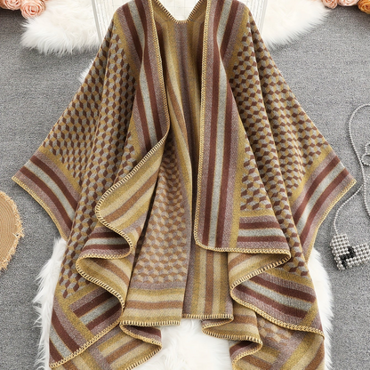 Damen Poncho Cape mit offenem Schnitt und geometrischem Muster – Boho Stil für Freizeit und Alltag