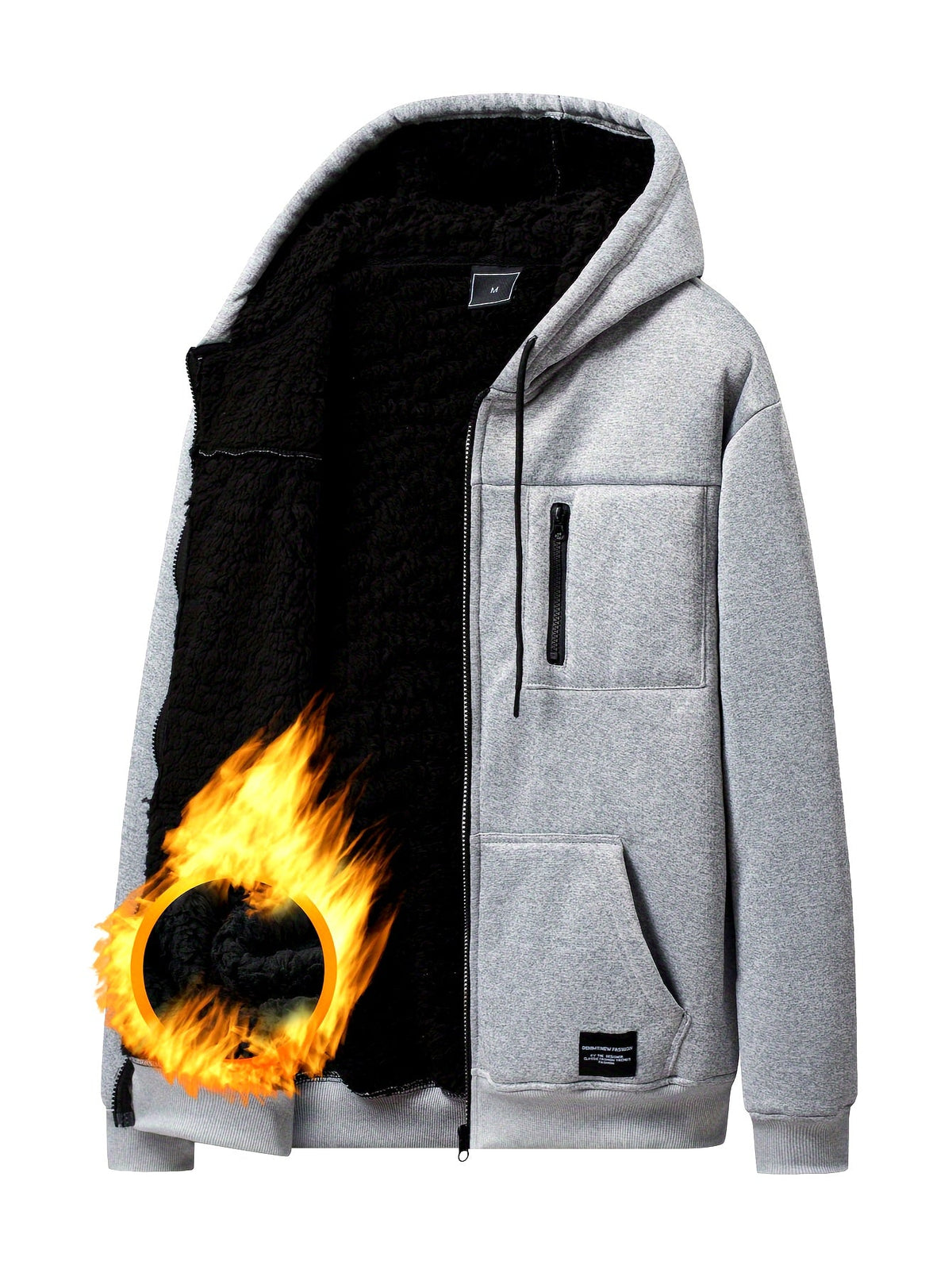Grauer Herren Kapuzenpullover mit Reißverschluss und Plüschfutter – Warme Kapuzenjacke