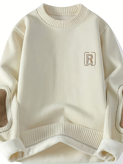 Unisex Langarm Sweatshirt mit Ellenbogen-Patches, Rundhalsausschnitt, gerippter Textur