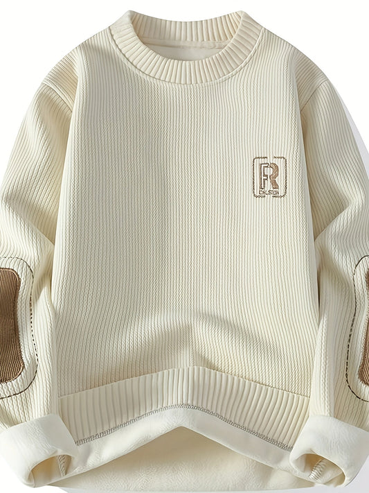 Unisex Langarm Sweatshirt mit Ellenbogen-Patches, Rundhalsausschnitt, gerippter Textur