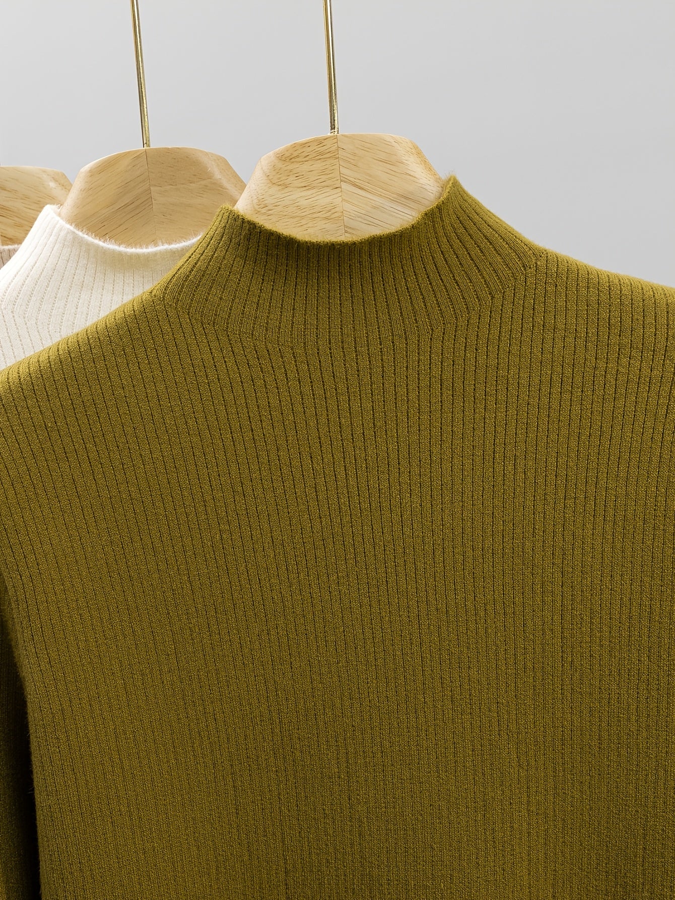 Damen Rippstrick Pullover Stehkragen mit flauschigem Innenfutter Beige