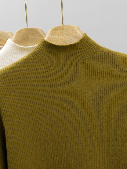 Damen Rippstrick Pullover Stehkragen mit flauschigem Innenfutter Beige