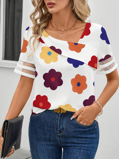 Damen Bluse mit Blumenmuster und Asymmetrischem Ausschnitt – Elegante Sommermode für Alltag und Freizeit