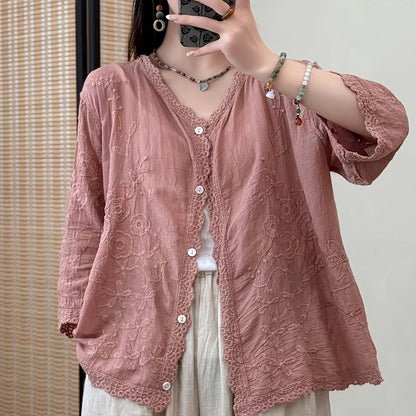 Damen Kurzarm Bluse mit V-Ausschnitt, Stickerei & Spitzenbesatz, Knopfleiste
