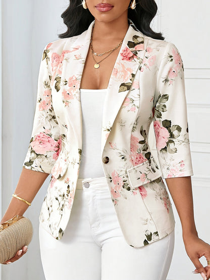 Damen Blazer Elegant mit Blumenmuster und 3/4-Ärmeln – Perfekt für Büro und Alltag