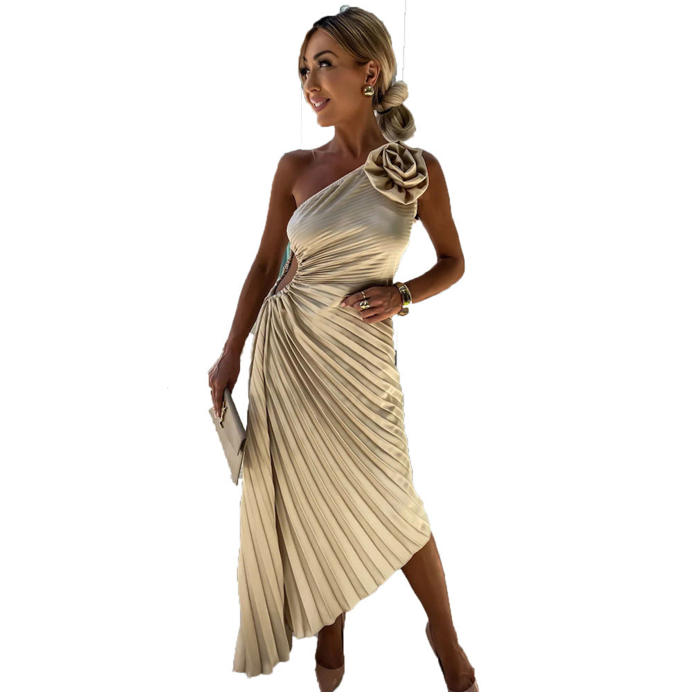 Damen One-Shoulder Plissee Cocktailkleid mit Blumenapplikation – Elegantes Abendkleid für besondere Anlässe