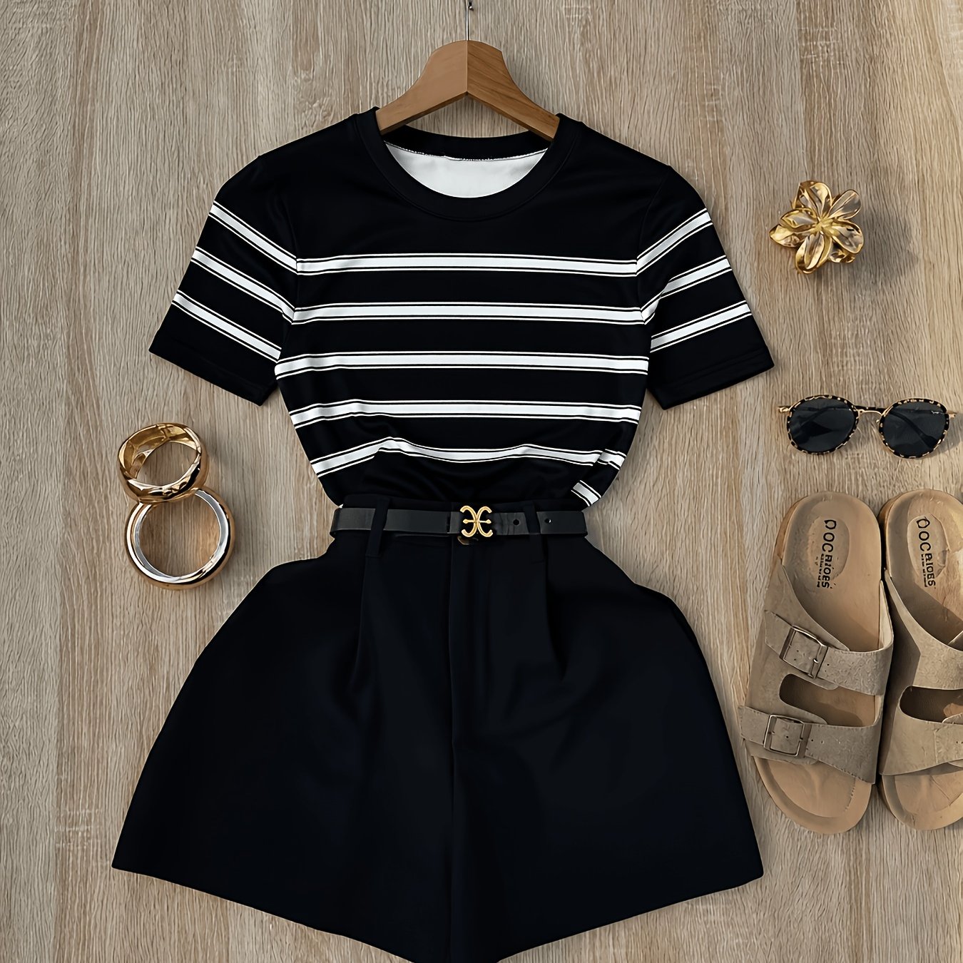 Damen Zweiteiler Set – Gestreiftes Shirt und High-Waist Shorts für Alltag & Freizeit
