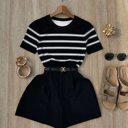 Damen Zweiteiler Set – Gestreiftes Shirt und High-Waist Shorts für Alltag & Freizeit